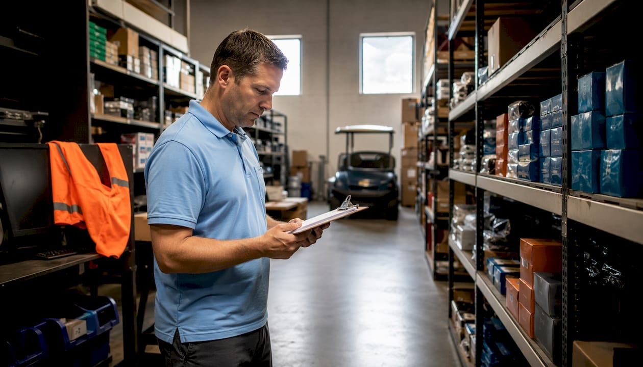 Warehouse manager inspecting golf cart parts inventory