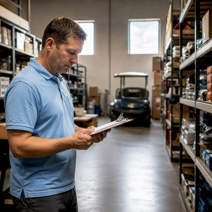 Warehouse manager inspecting golf cart parts inventory