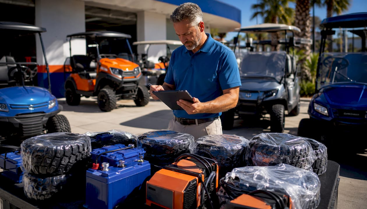 Dealer reviewing golf cart parts bundles in warehouse