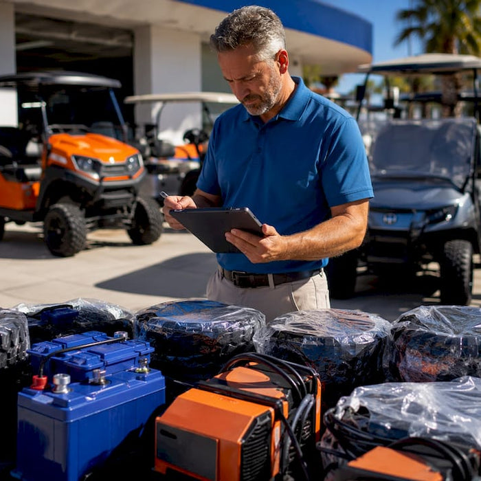 Dealer reviewing golf cart parts bundles in warehouse
