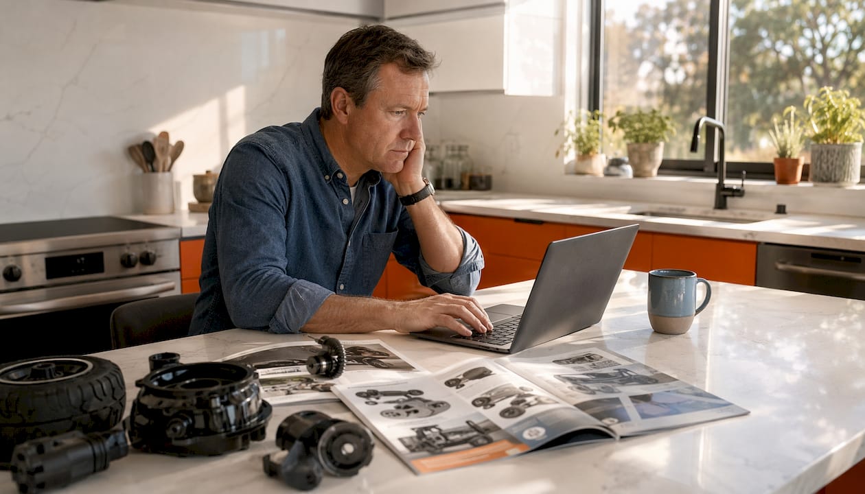 Man shopping golf cart parts online at home desk