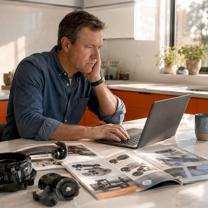 Man shopping golf cart parts online at home desk