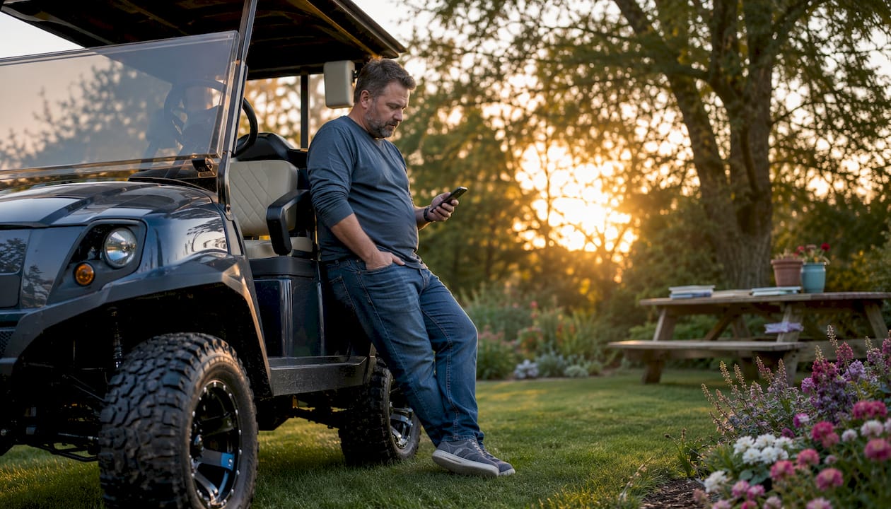 Man reviewing golf cart parts on phone outdoors