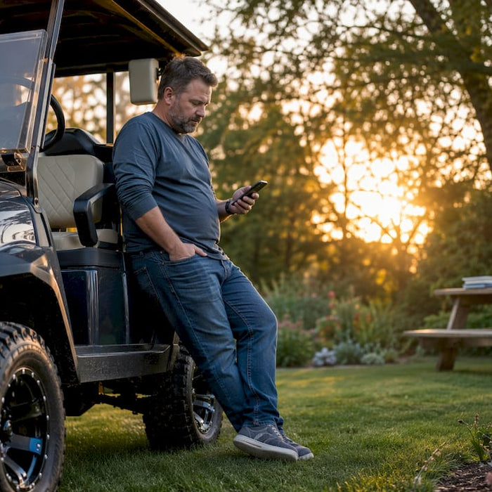 Man reviewing golf cart parts on phone outdoors