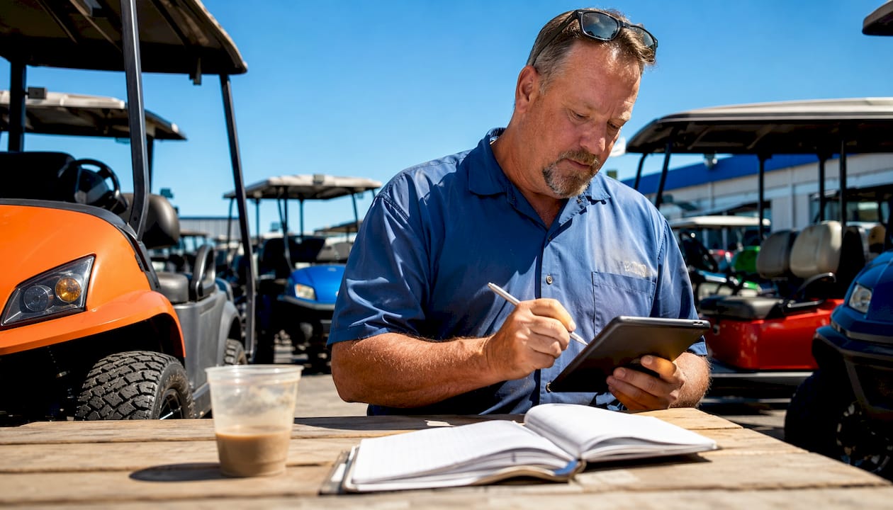 Dealer using tablet for golf cart service