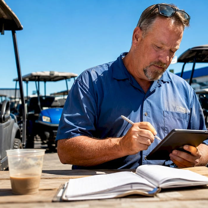 Dealer using tablet for golf cart service