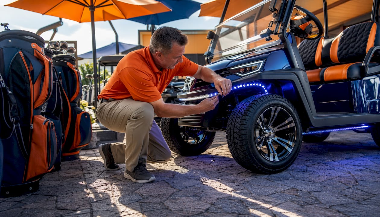Dealer arranging golf cart accessories in showroom