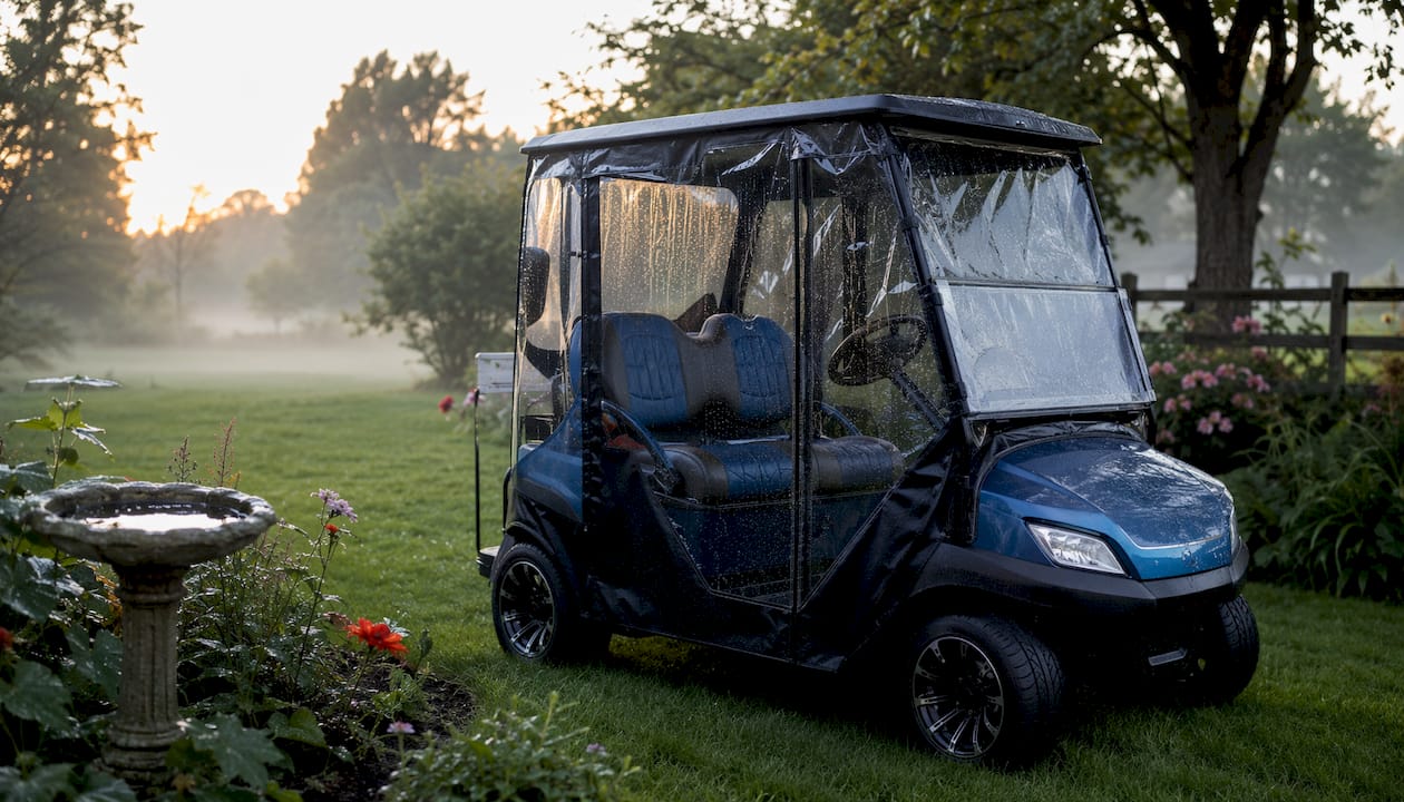 Golf cart with enclosure protecting from rain and wind