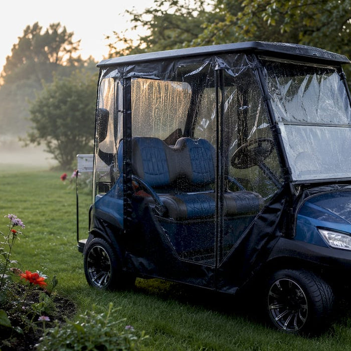 Golf cart with enclosure protecting from rain and wind