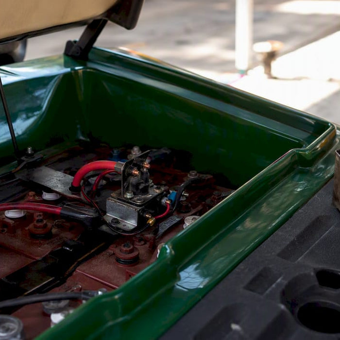 Close-up of golf cart solenoid and wiring
