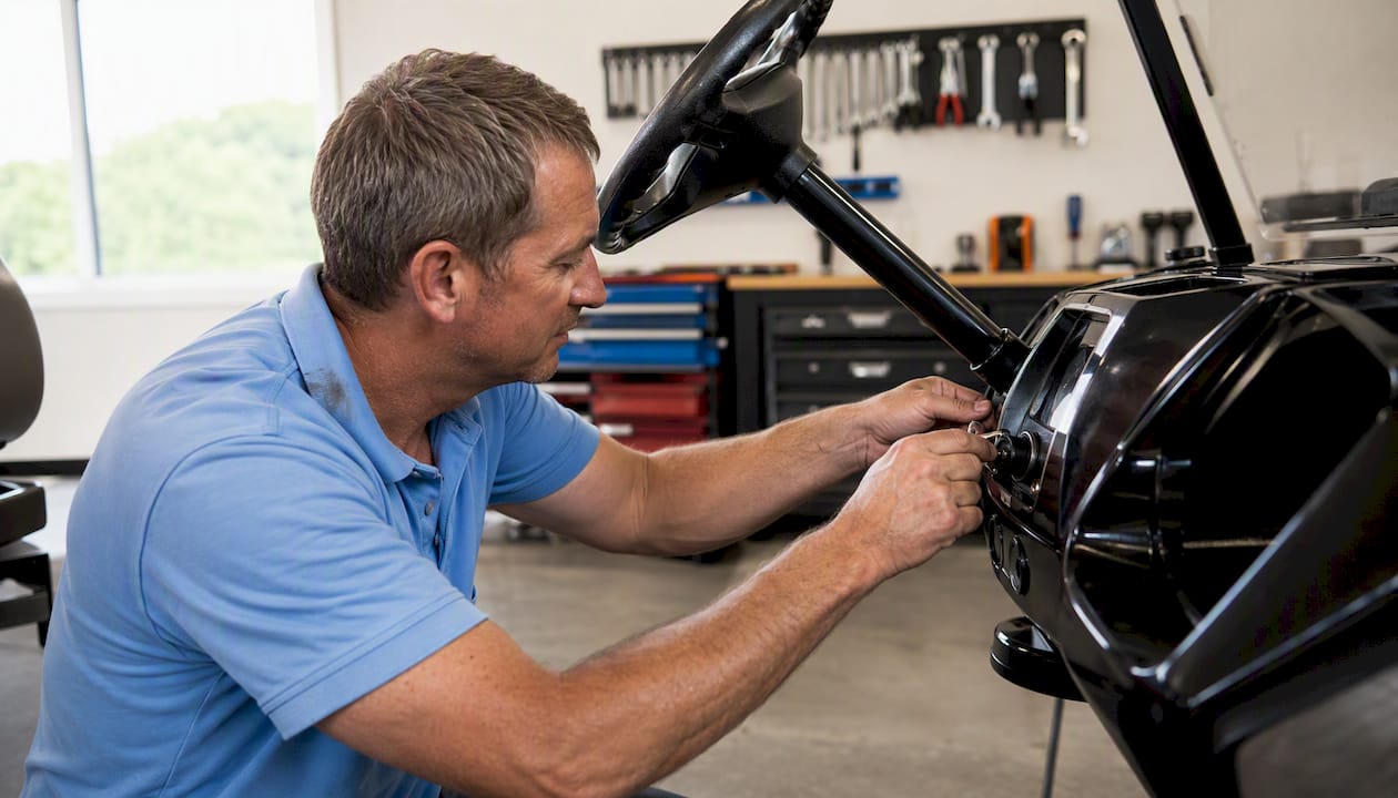 Man installing key switch in golf cart dashboard