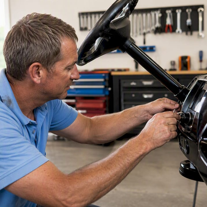 Man installing key switch in golf cart dashboard