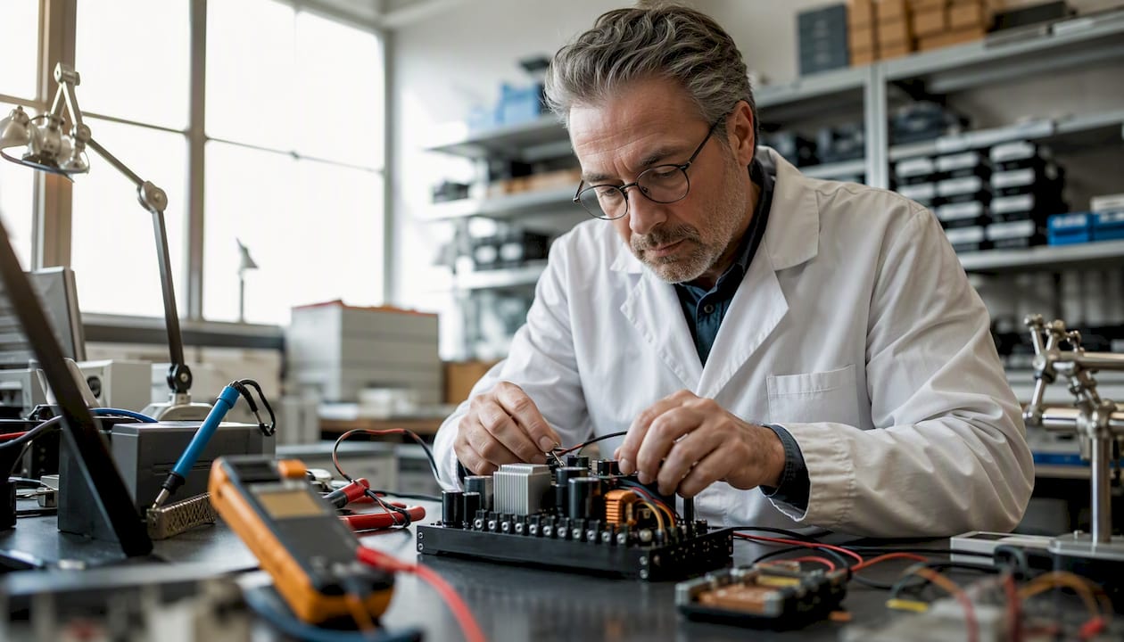 Engineer adjusting DC-DC converter on workbench