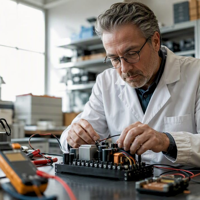 Engineer adjusting DC-DC converter on workbench