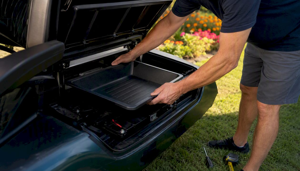 Hands installing underseat storage tray under golf cart seat
