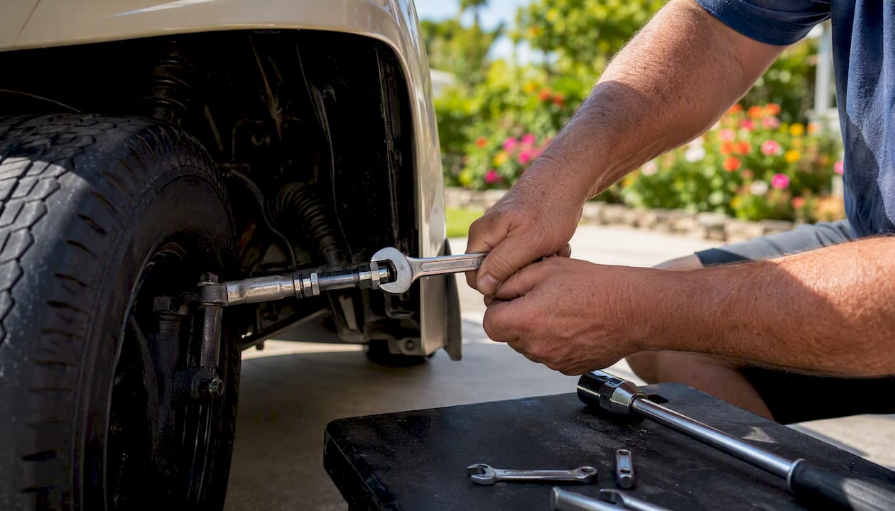 Hands adjusting golf cart tie-rod sleeve