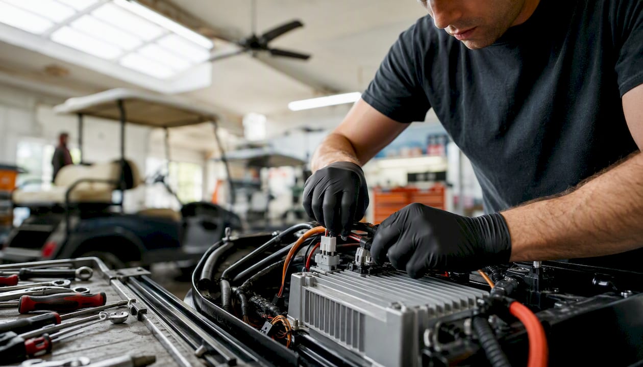Hands wiring onboard charger inside EV