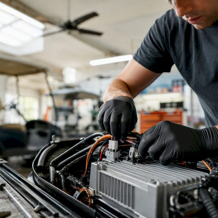 Hands wiring onboard charger inside EV