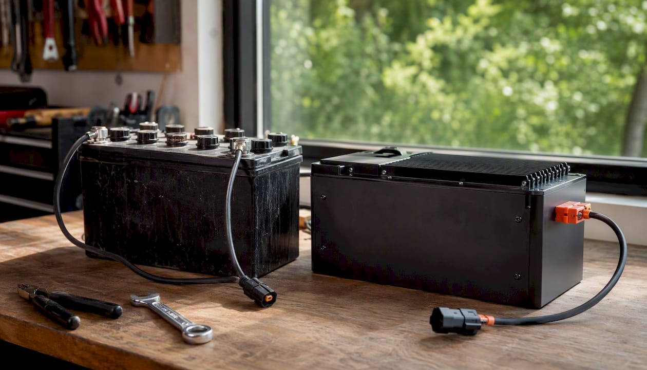 Close-up of lead-acid and lithium golf cart batteries