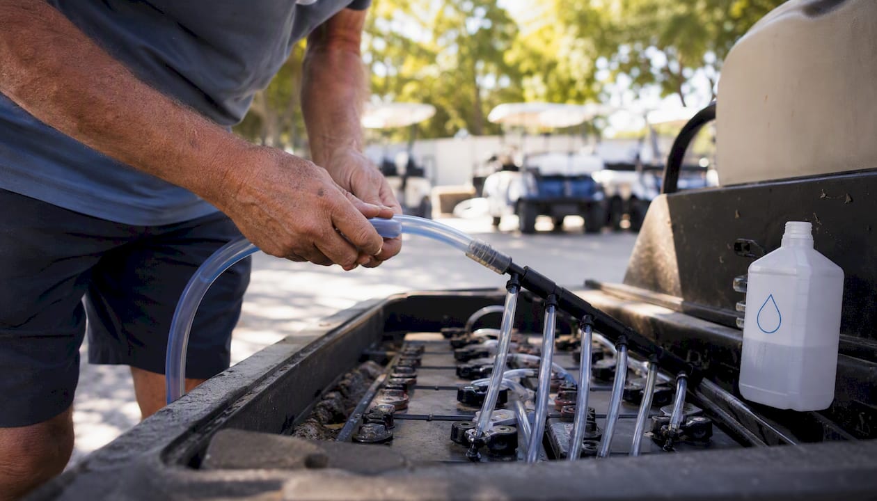 Hands watering golf cart battery cells