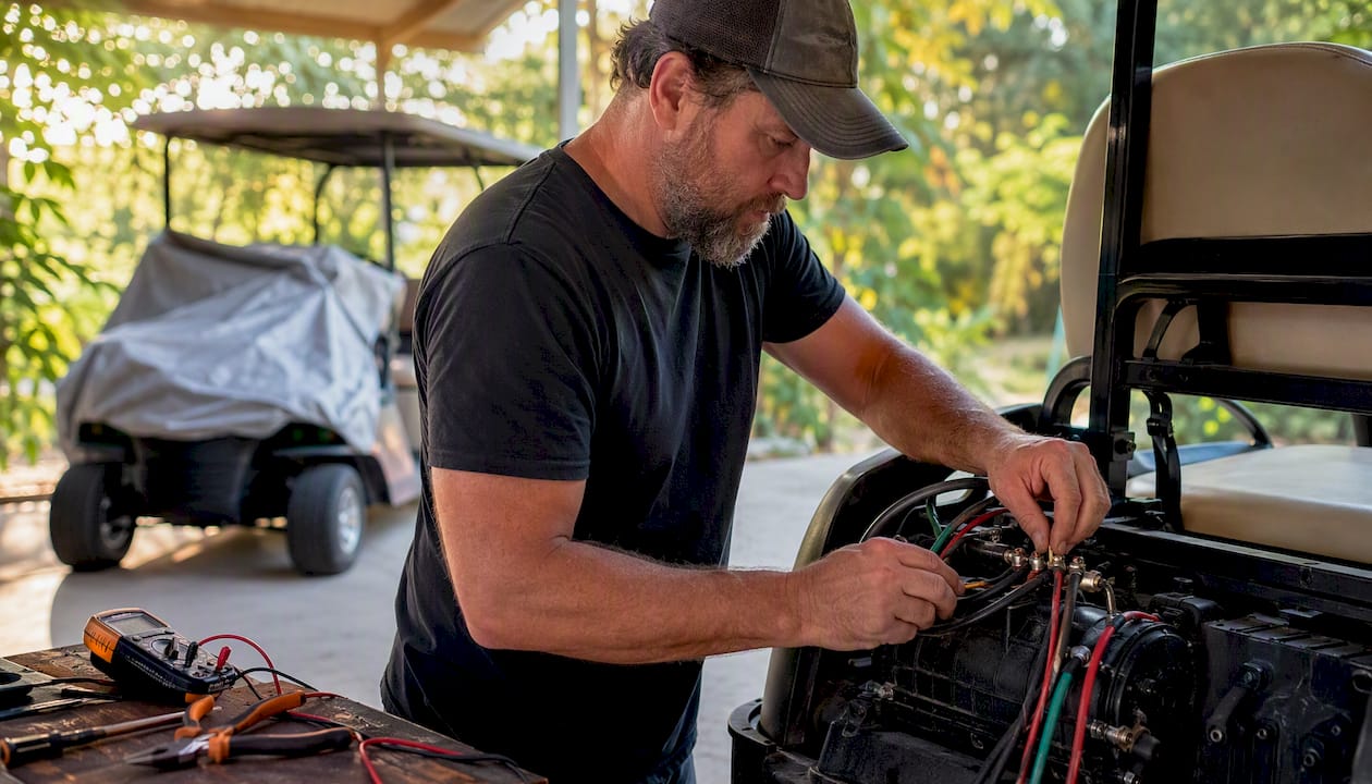 Technician wiring golf cart motor terminals