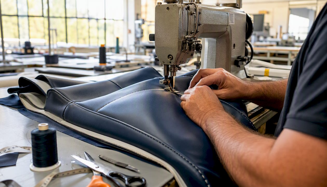 Hands sewing vinyl fabric for golf cart seat cover