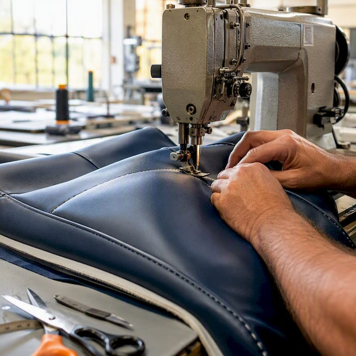 Hands sewing vinyl fabric for golf cart seat cover