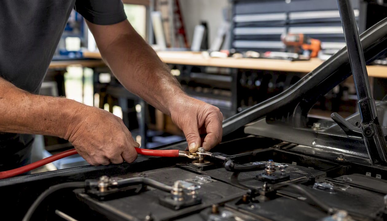 Hands connecting battery cables to golf cart terminal