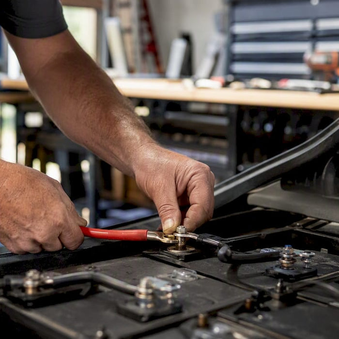 Hands connecting battery cables to golf cart terminal