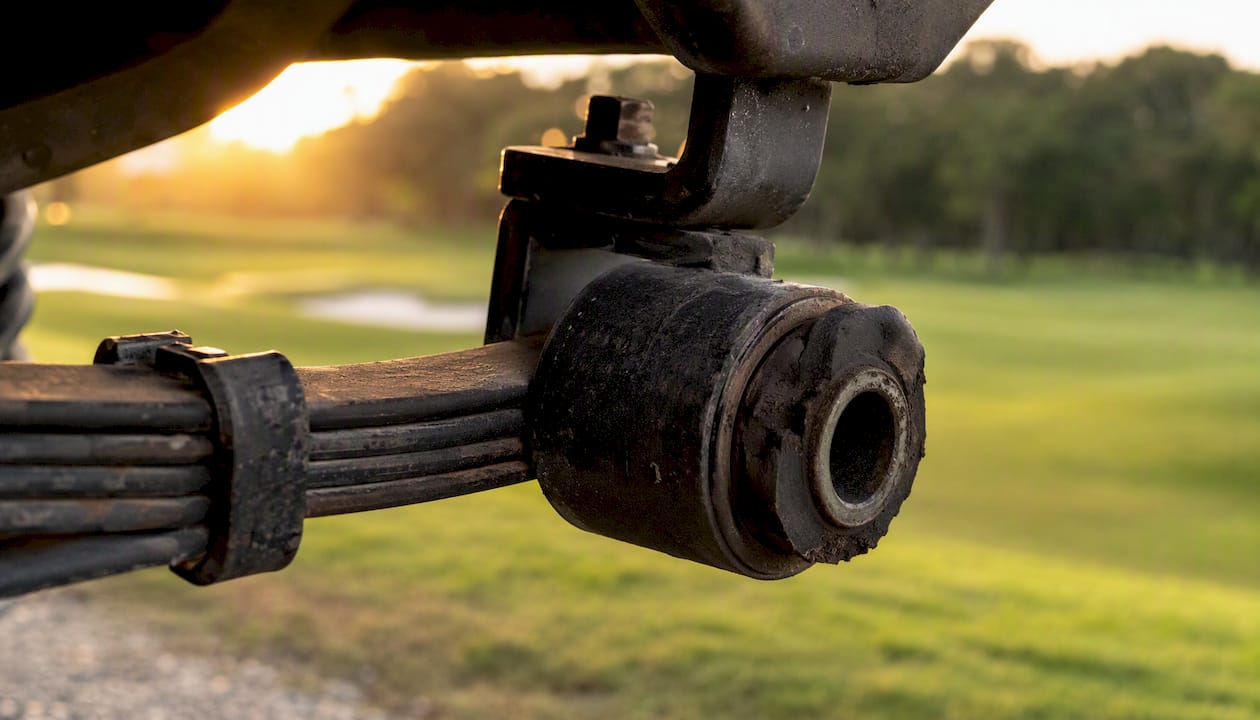 Close-up of worn leaf spring bushing on golf cart