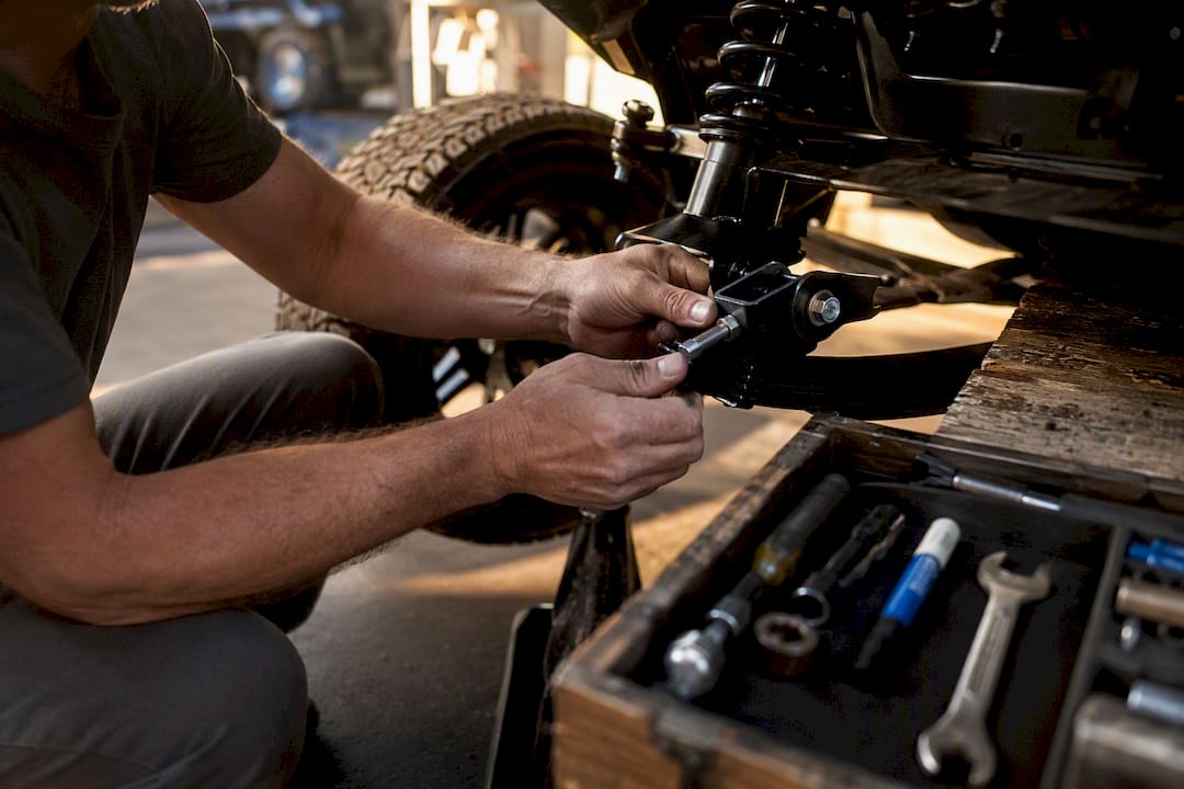 Hands adjusting golf cart leaf spring eccentric bolt
