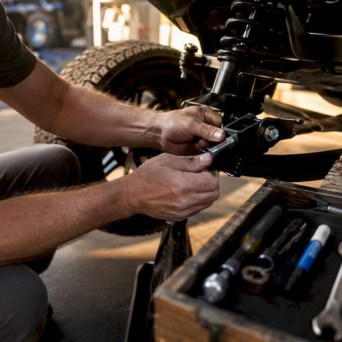 Hands adjusting golf cart leaf spring eccentric bolt
