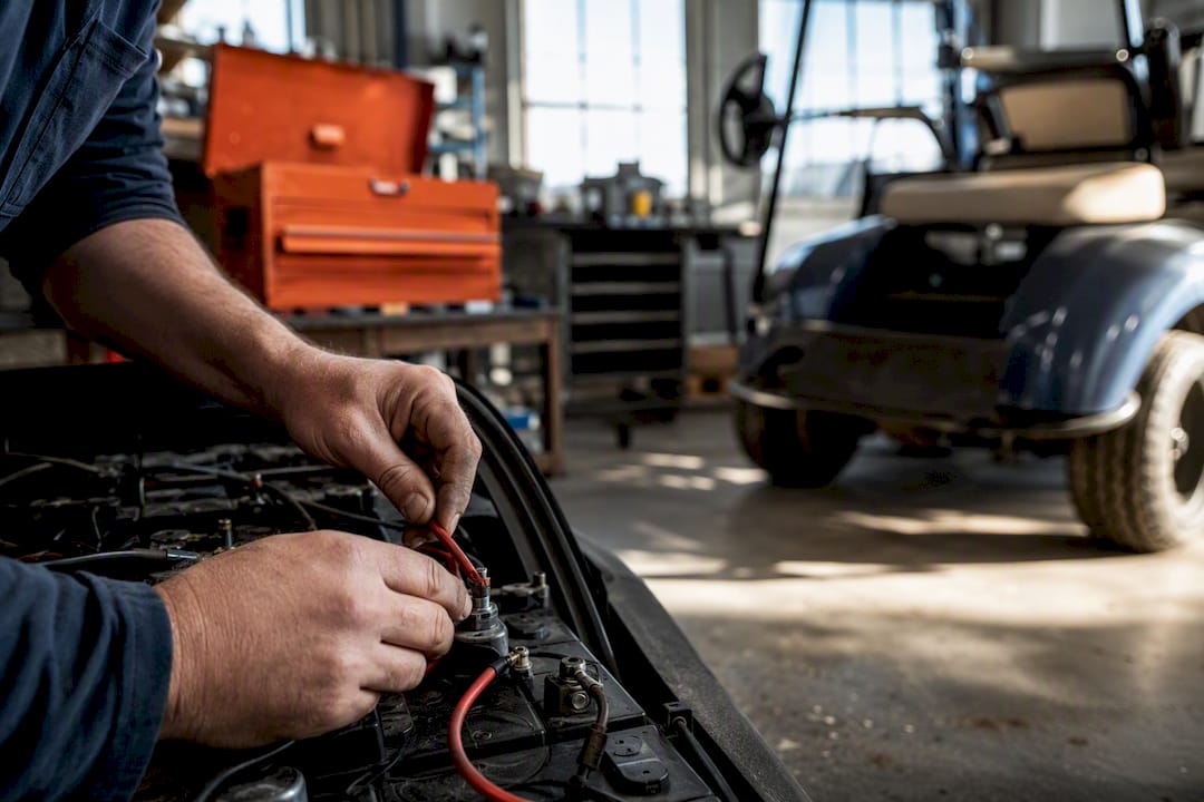 Hands wiring golf cart battery cables