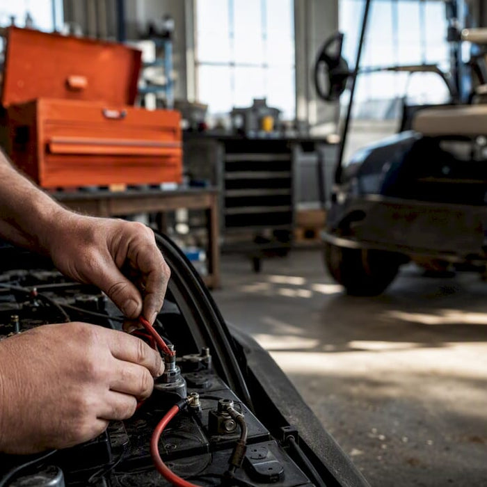 Hands wiring golf cart battery cables