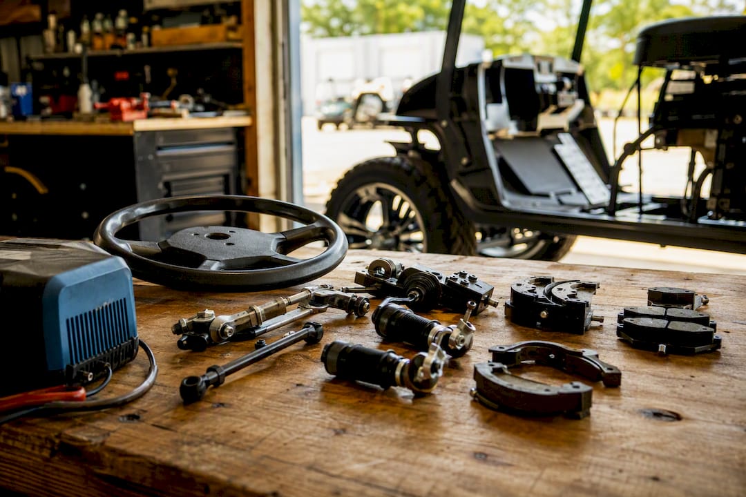Close-up of diverse golf cart parts in garage