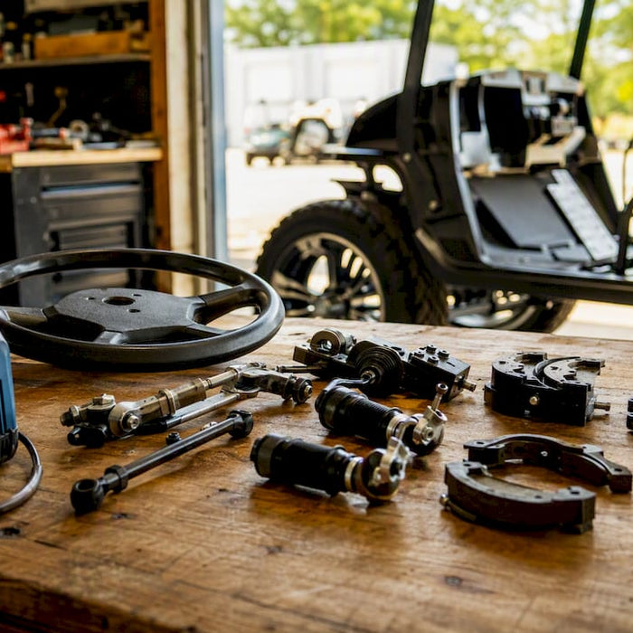 Close-up of diverse golf cart parts in garage