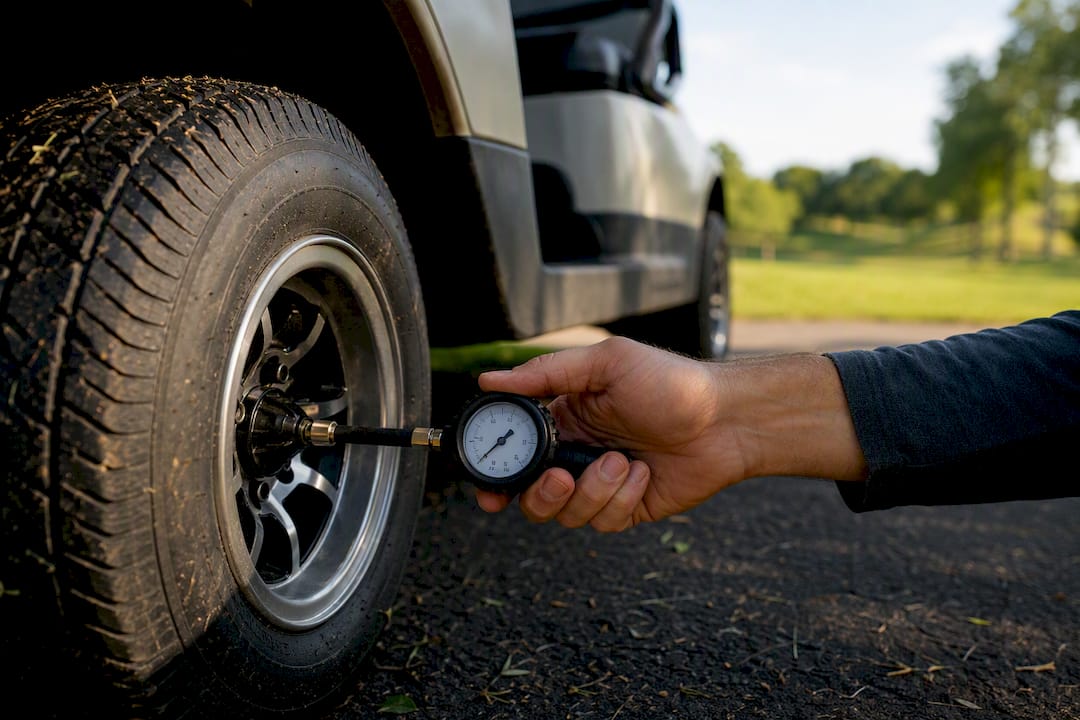 Hand measuring golf cart tire pressure outdoors