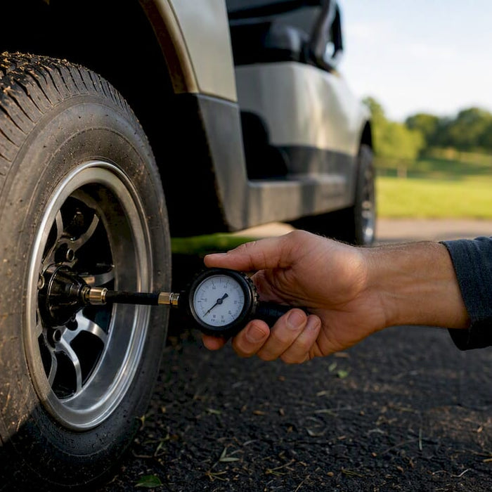 Hand measuring golf cart tire pressure outdoors