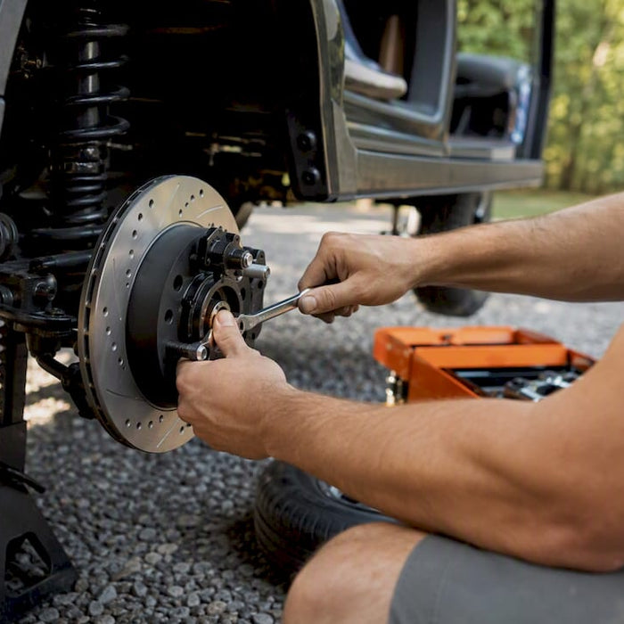 Hands installing golf cart disc brake rotor