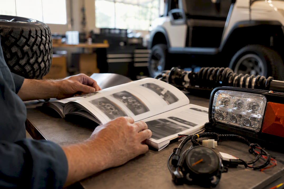 Hands reviewing golf cart parts with components nearby