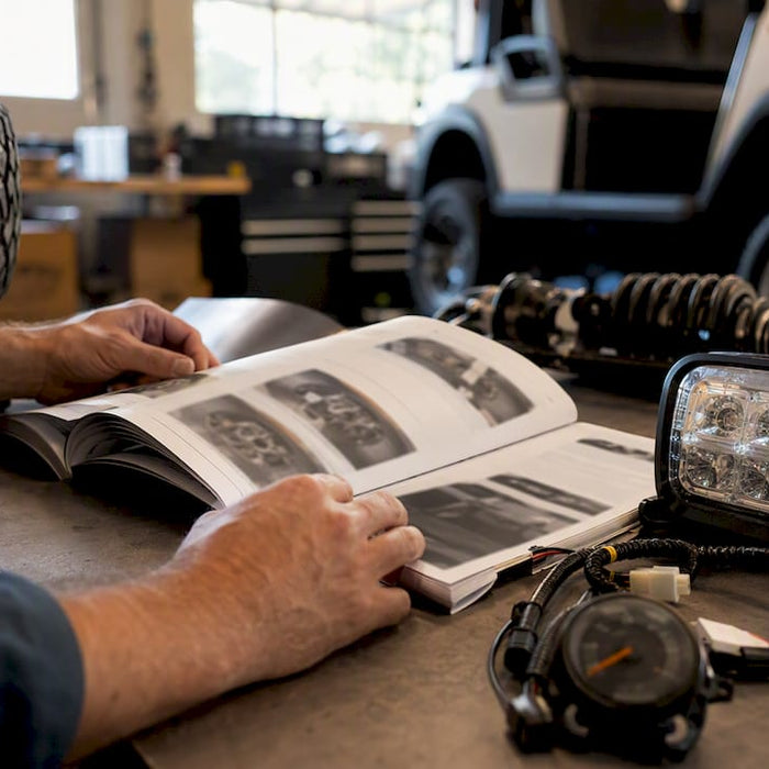 Hands reviewing golf cart parts with components nearby