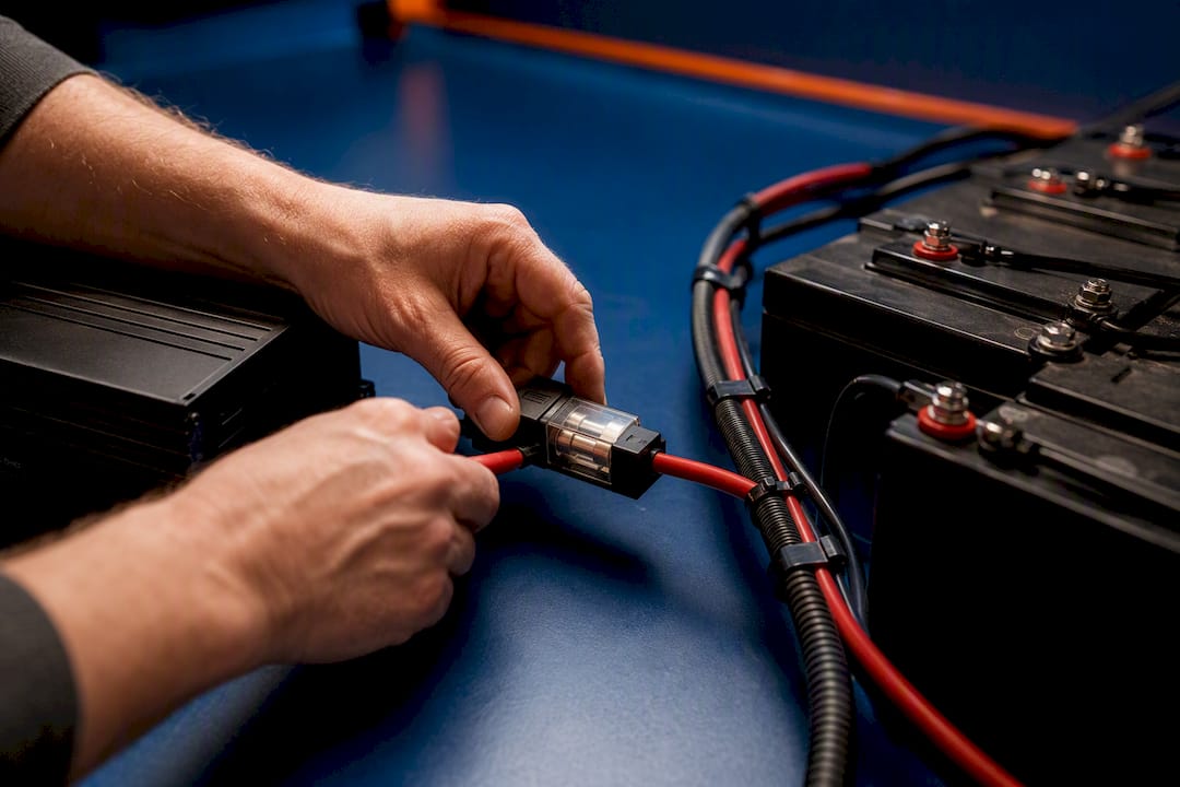 Converter wiring and fuse beside golf cart batteries