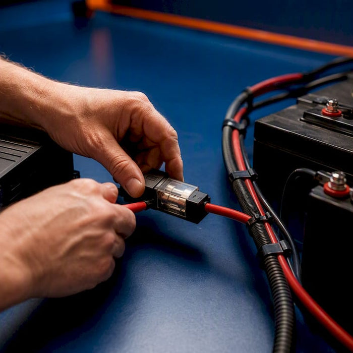 Converter wiring and fuse beside golf cart batteries