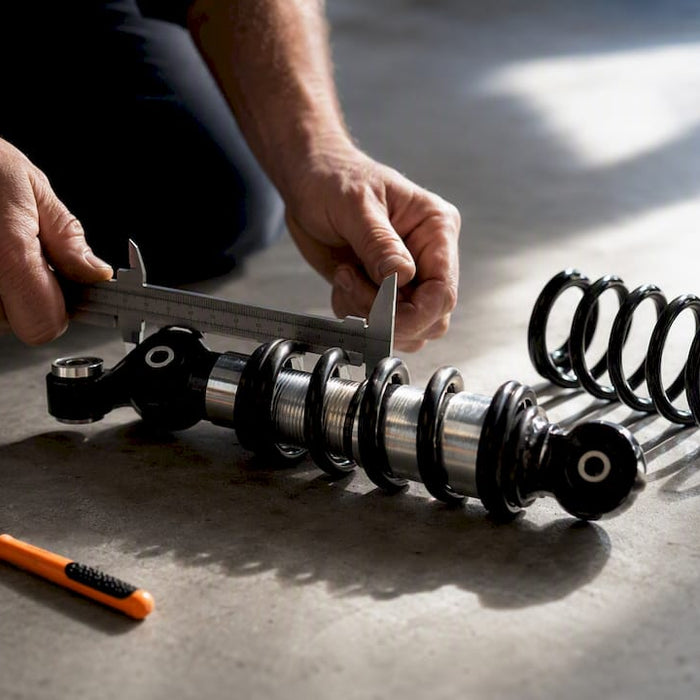 Technician measuring an anonymous golf cart shock