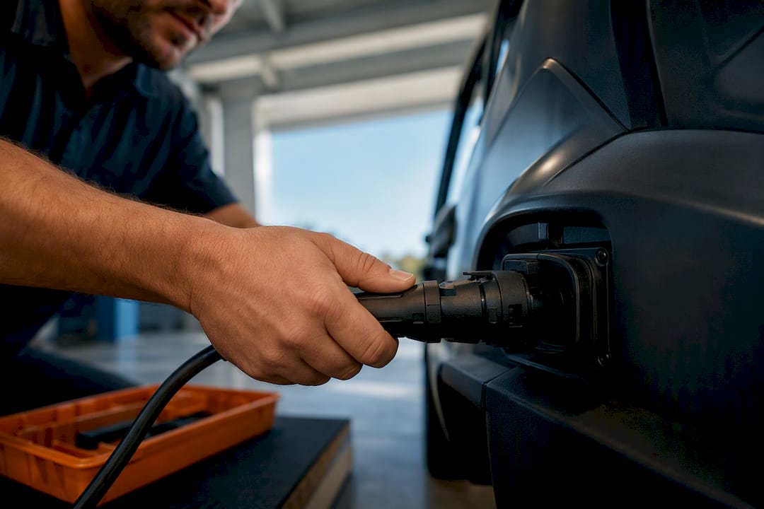 Technician connecting lithium charger to cart