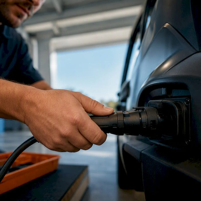 Technician connecting lithium charger to cart