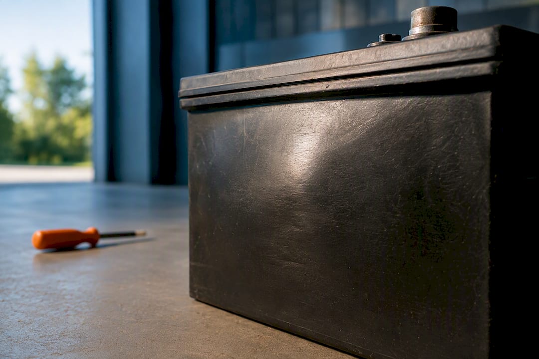 Bulging golf cart battery case close-up