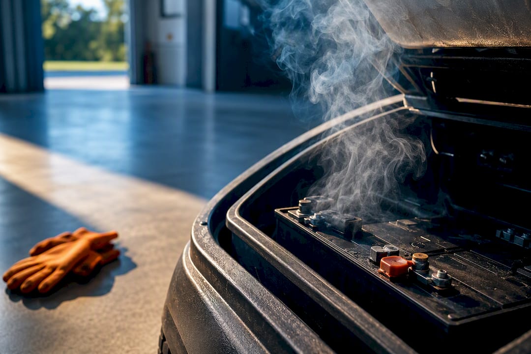 Smoke rising from an anonymous golf cart battery compartment