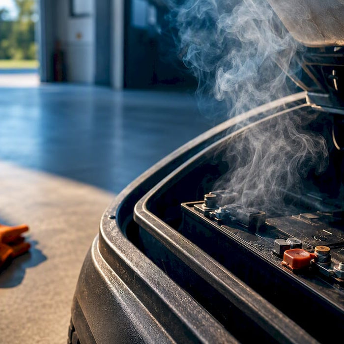 Smoke rising from an anonymous golf cart battery compartment
