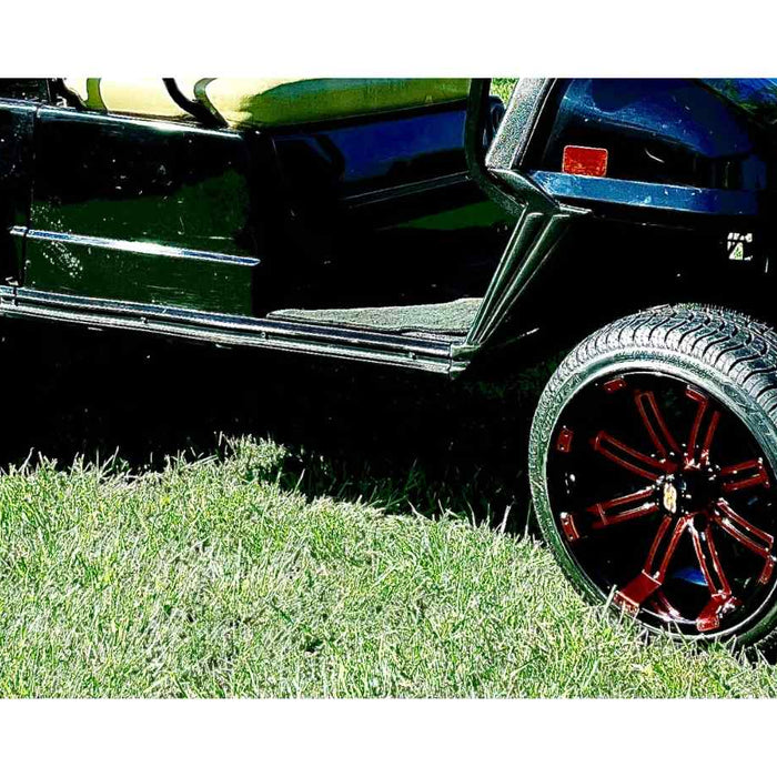 Close up of golf cart wheels and tires